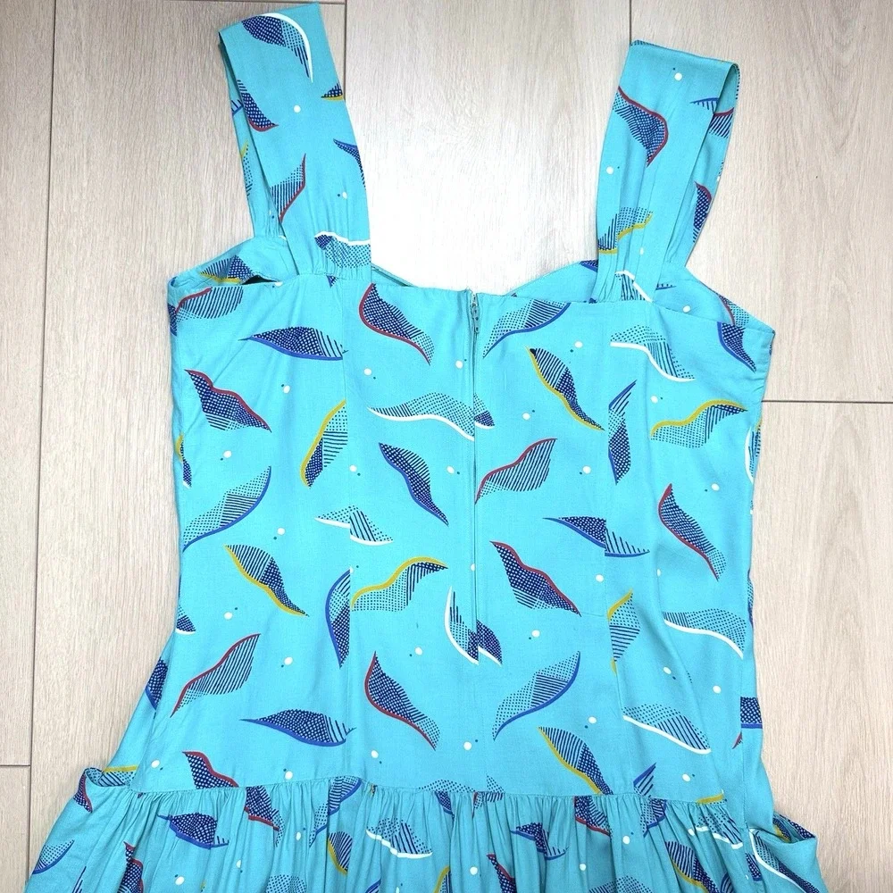 VTG Jones New York Dress Womens 16 Turquoise Abstract Midi Sundress 80s USA MCM!